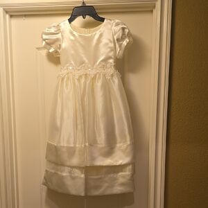 Ivory Satin Flower Girl Dress with Lace Waist Detail